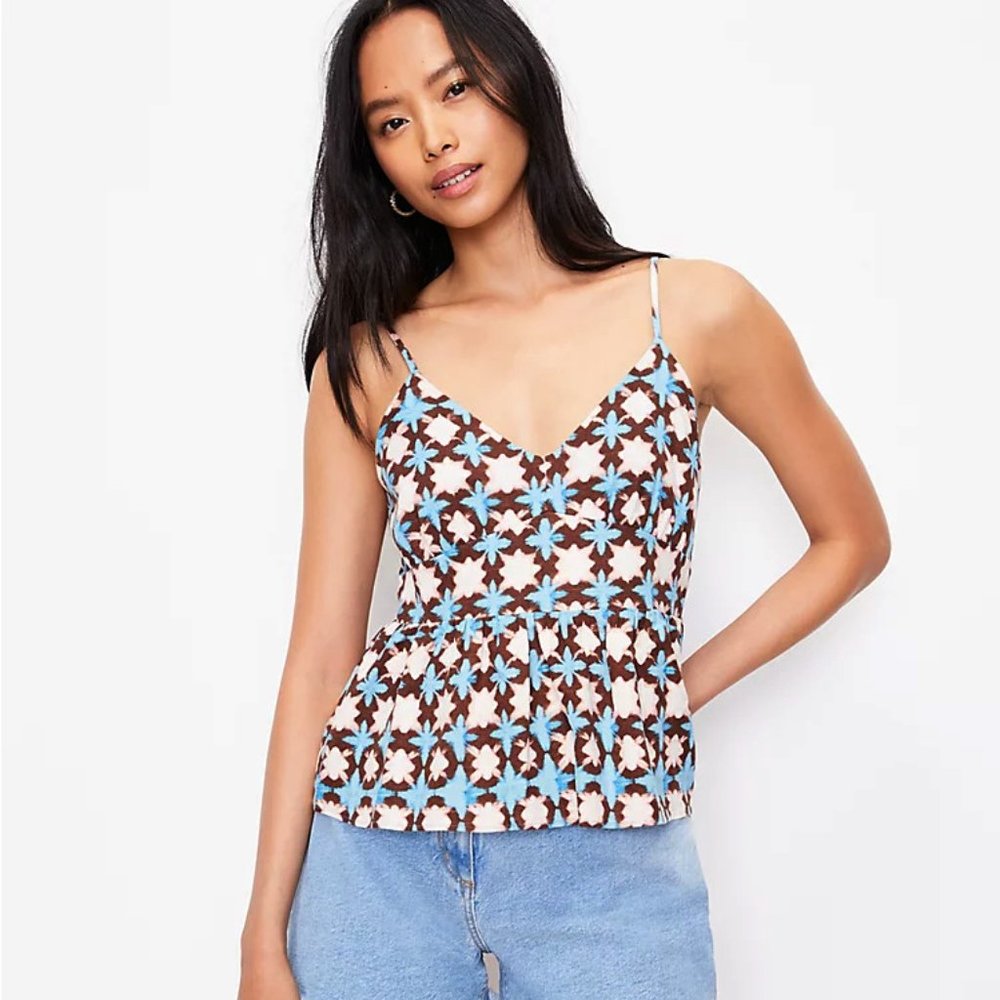 NEW Loft L Sunwashed Blue Brown Floral Peplum Cami Tank Top Blouse V Neck Boho‎
